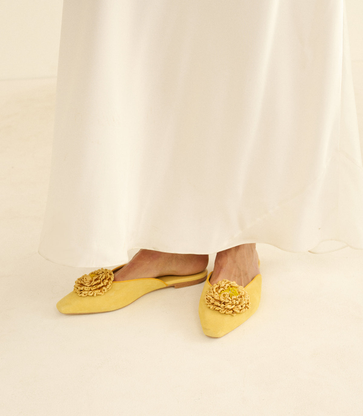 Adair Slide – Cantaloupe Suede Almond-Toe Flower Mule