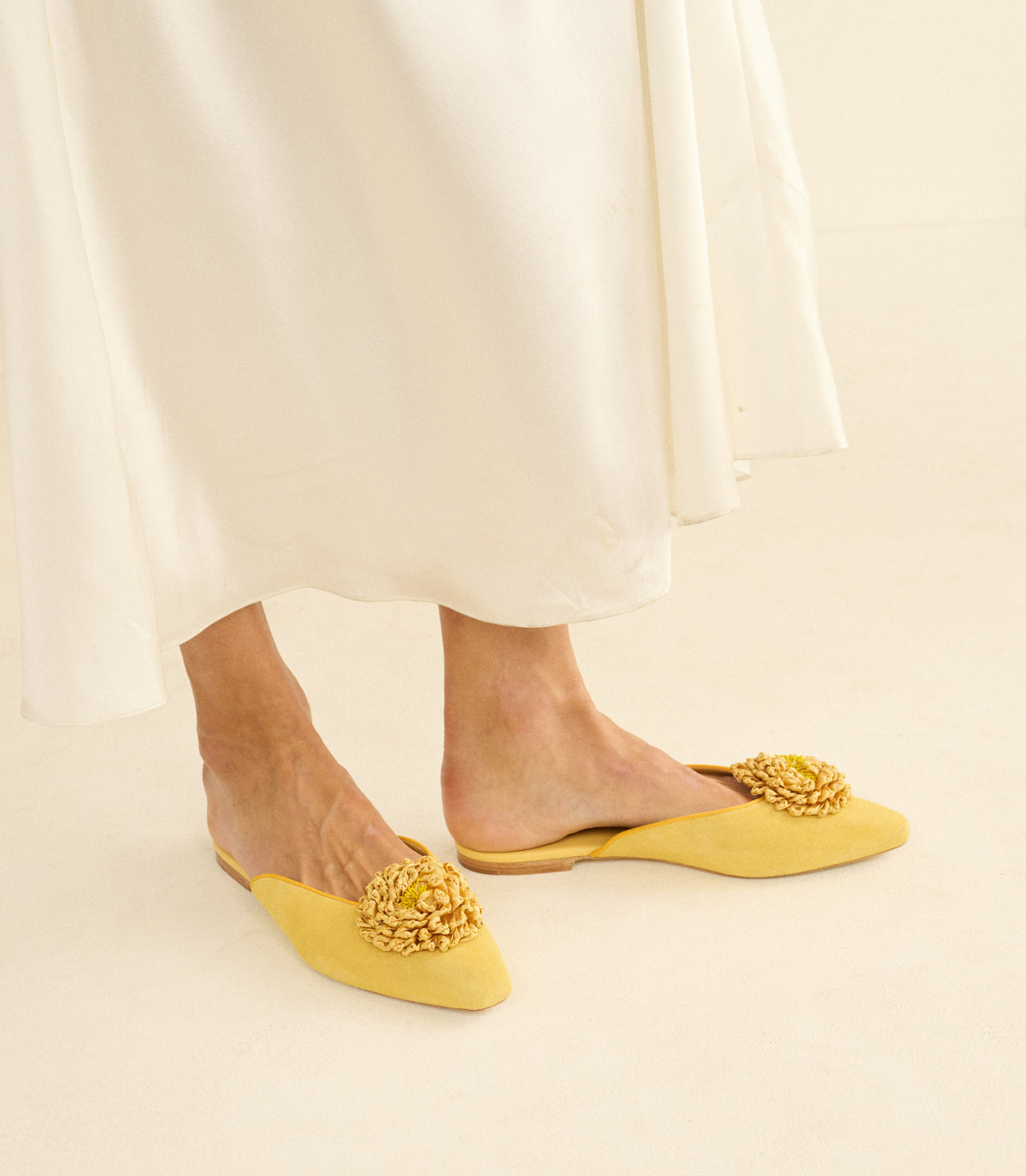 Adair Slide – Cantaloupe Suede Almond-Toe Flower Mule