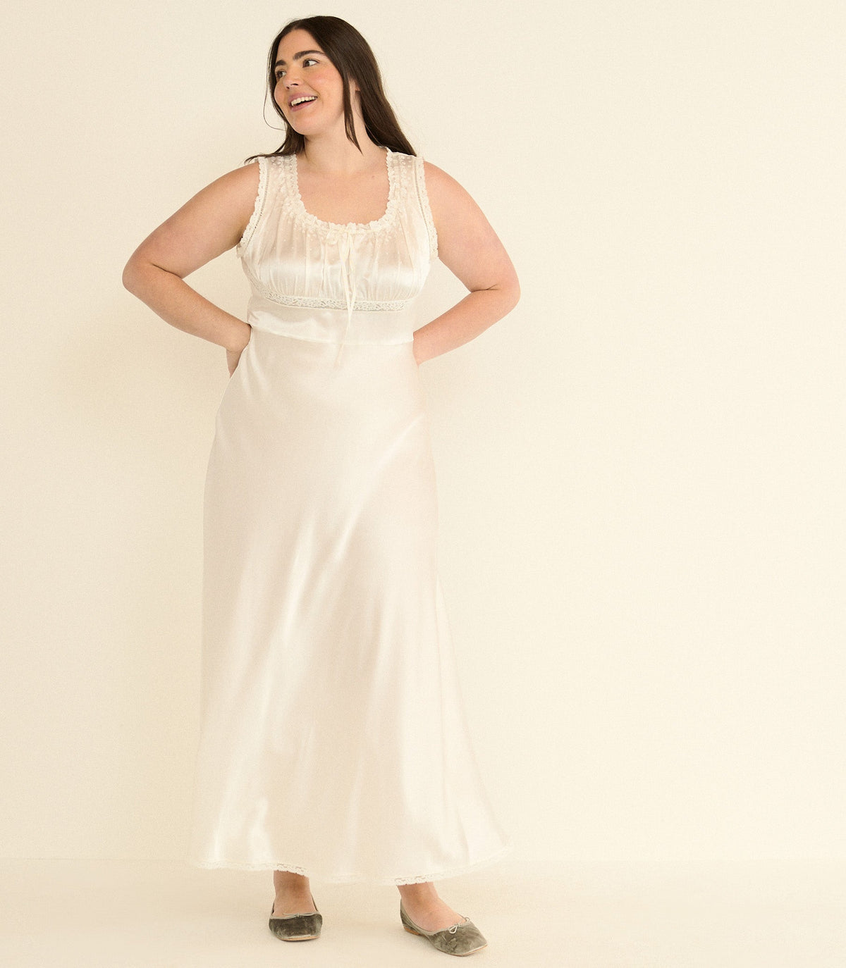 Adalie Dress – Salt Silk Satin Embroidered 1930s Gown
