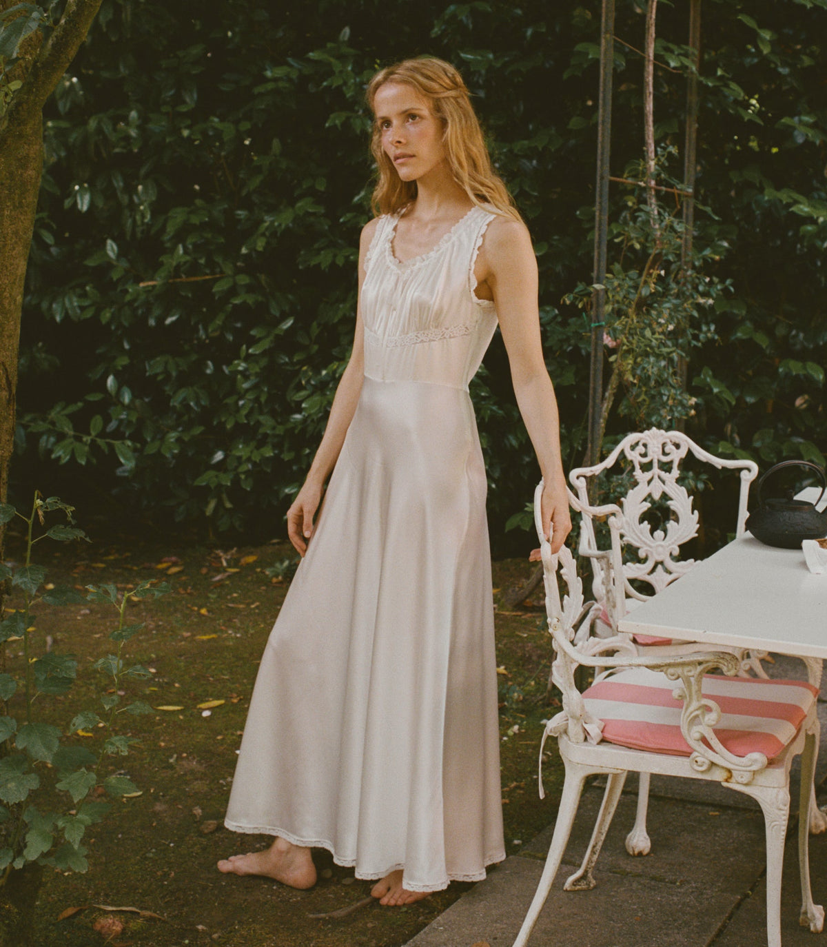 Adalie Dress – Salt Silk Satin Embroidered 1930s Gown