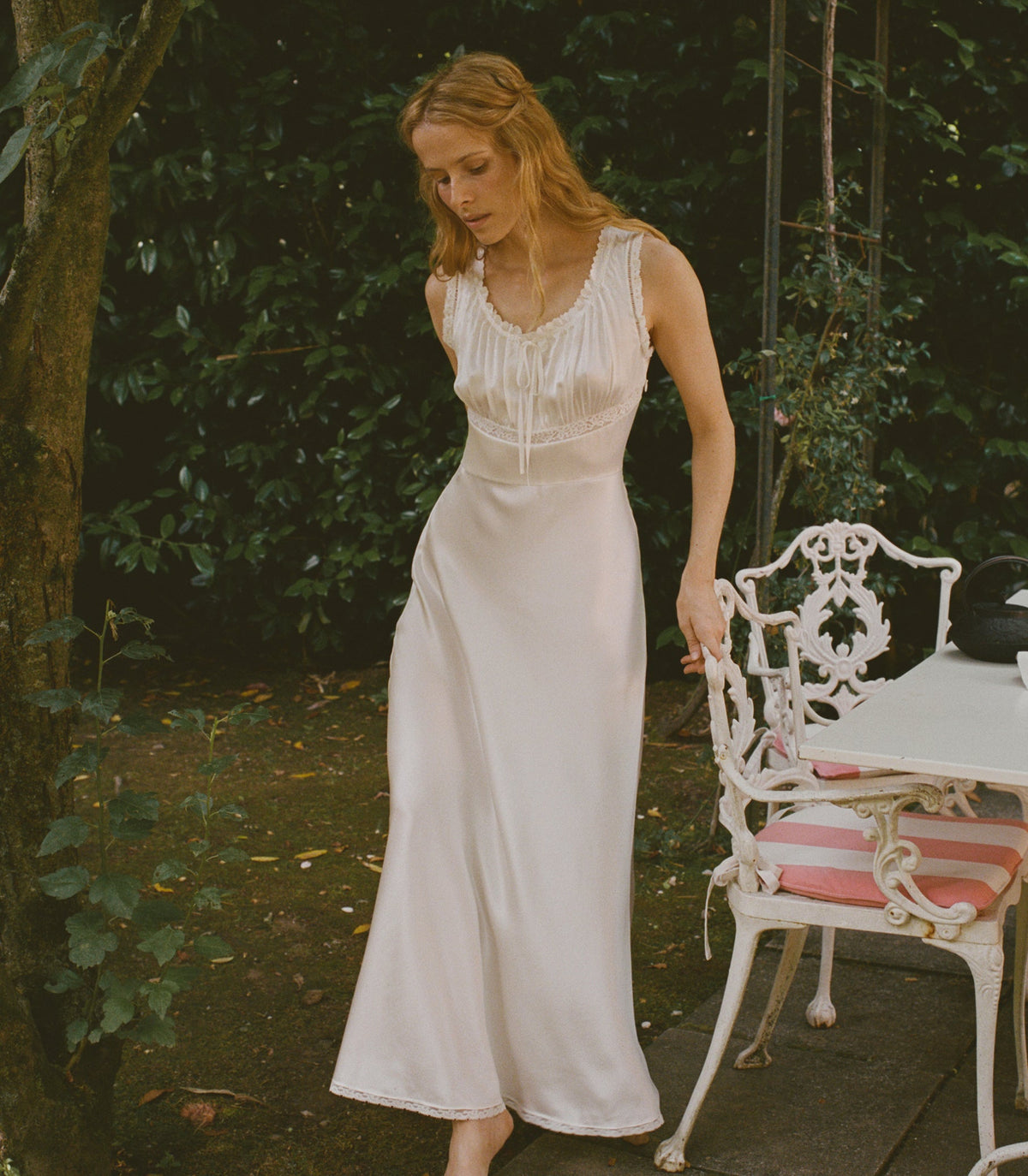 Adalie Dress – Salt Silk Satin Embroidered 1930s Gown