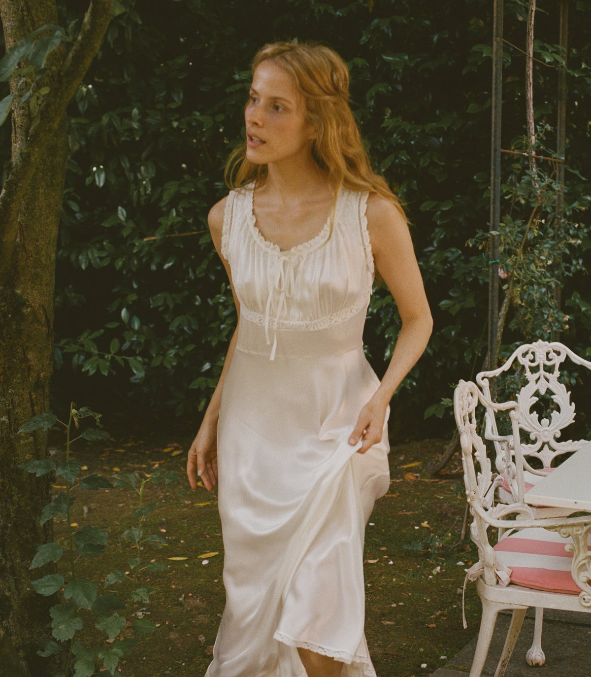 Adalie Dress – Salt Silk Satin Embroidered 1930s Gown