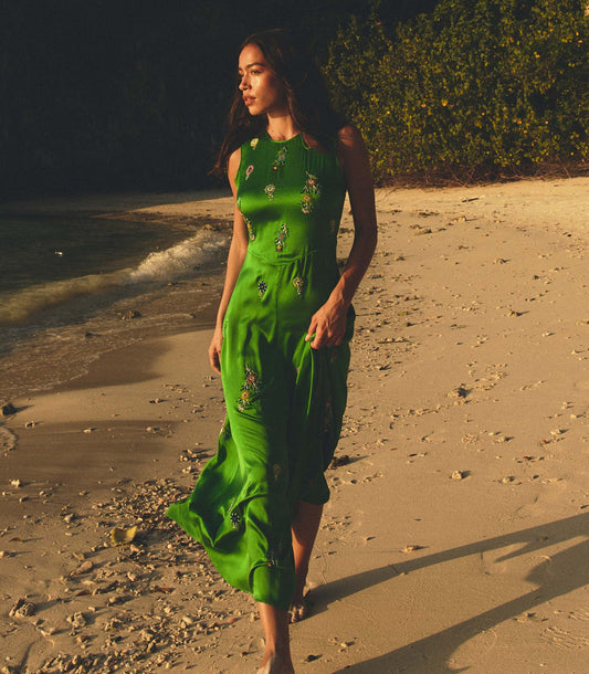 Amari Hand-Beaded Silk Satin Heirloom Dress – Emerald