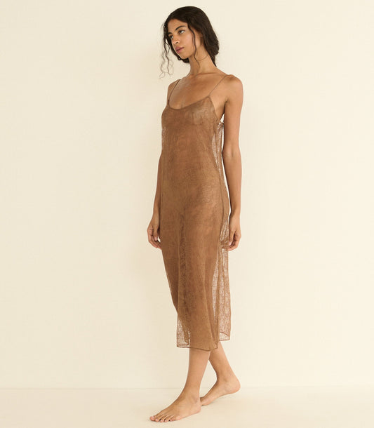 Amedine Lace Slip Dress – Carob | Knee-Length