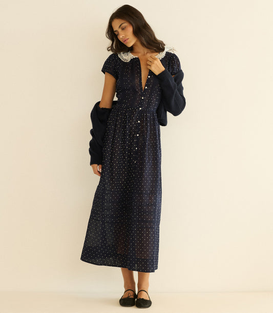 Amérie Organic Cotton Voile Maxi Dress – Navy Flock Dot