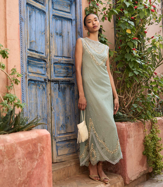 Artemise Dress Sage | Beaded Cotton Tulle Dress