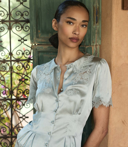 Yvette Top in Eucalyptus | 1940s-Inspired Silk Satin Blouse